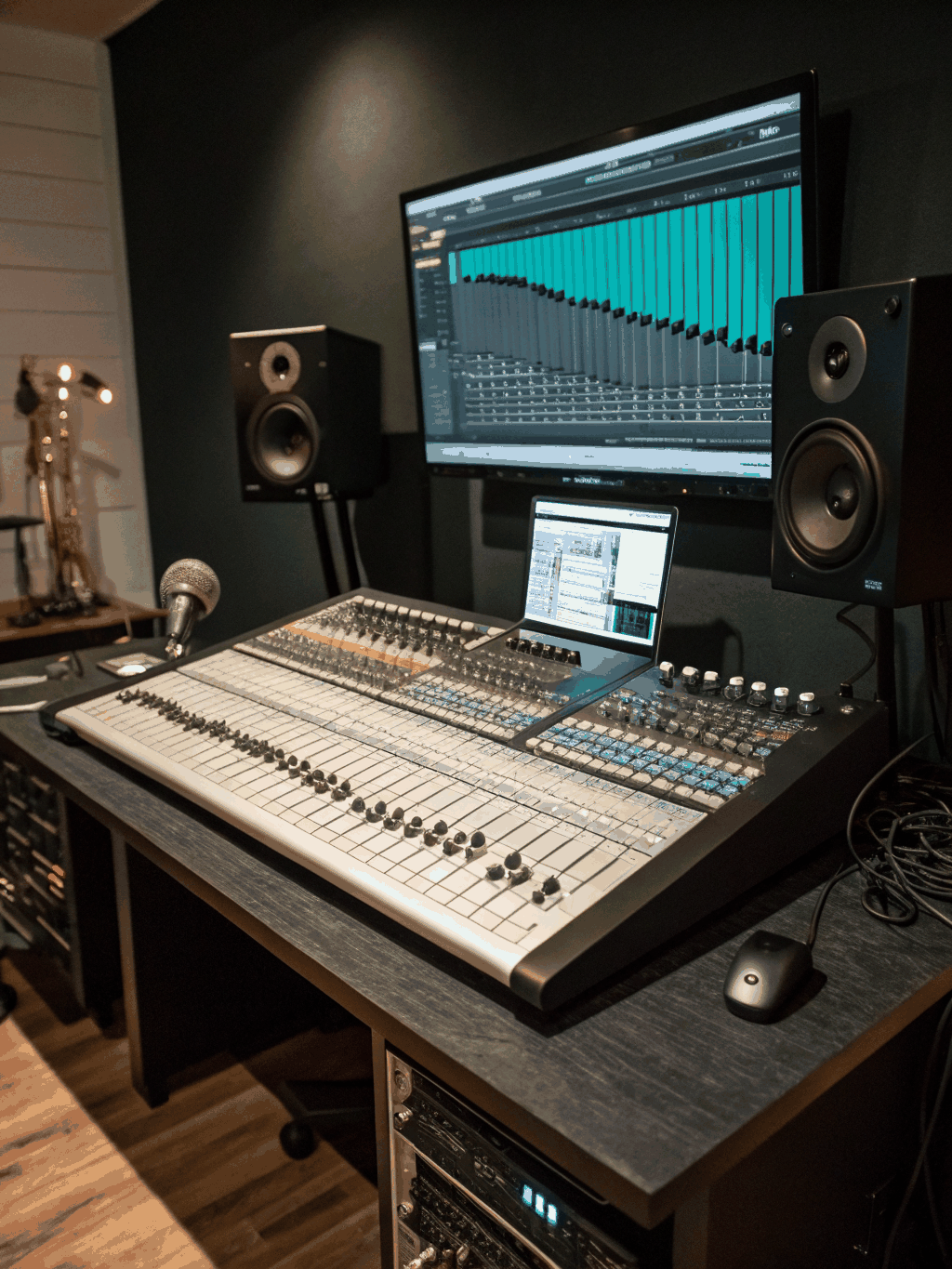 A digital waveform displayed on a high-resolution monitor in a dark mastering suite