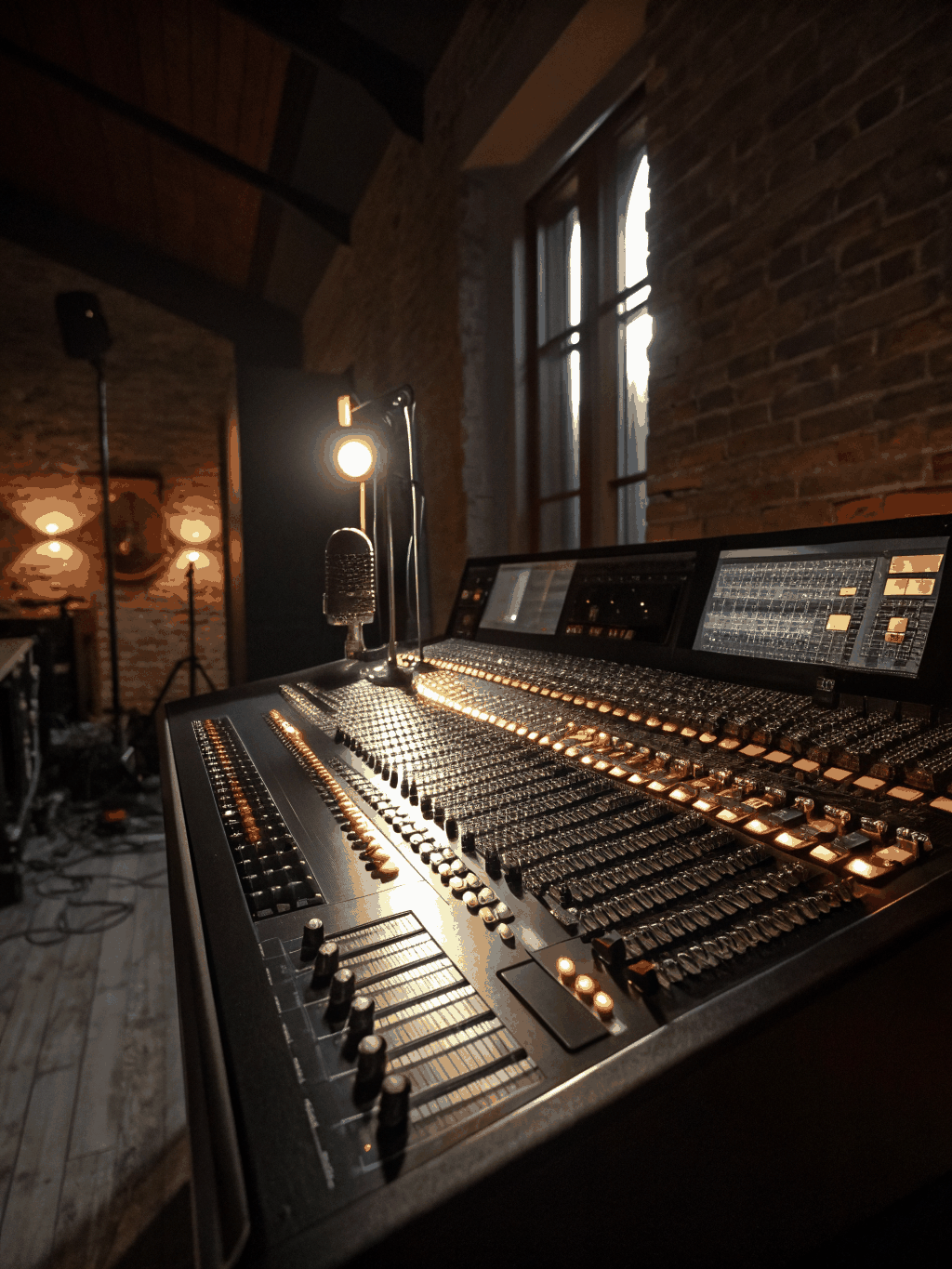 Close up of a high-end mixing console with faders and glowing lights in a dark studio